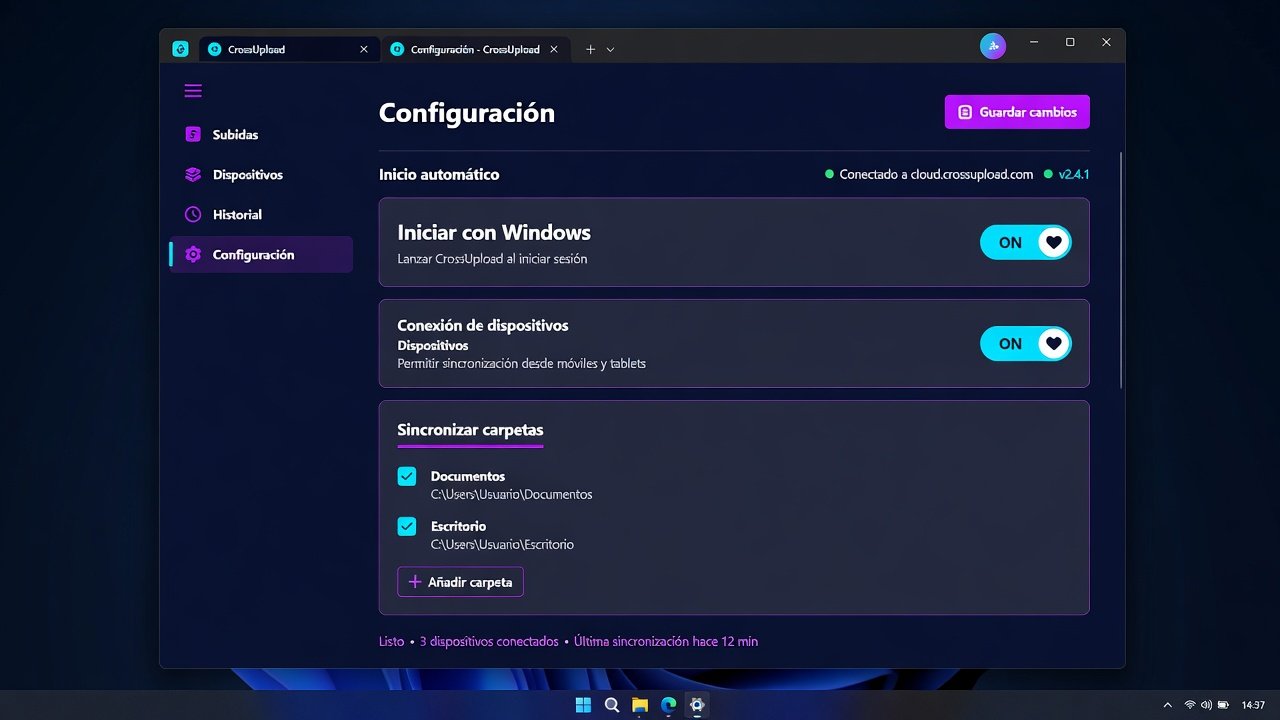CrossUpload settings: sync and start with Windows